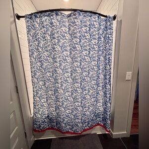 Anthropologie Shower Curtain Blue White Orange Floral Flower Boho Fringe Pattern
